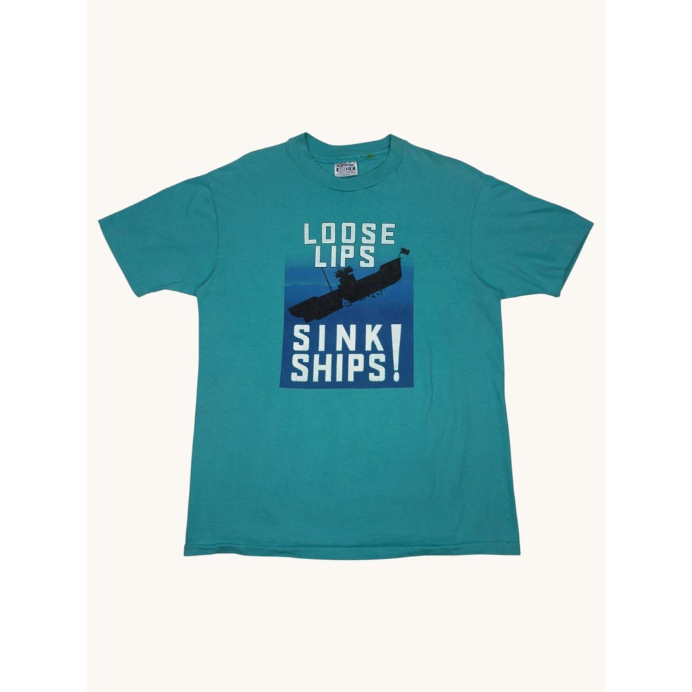Vintage Hanes Beefy-T Loose Lips Sink Ships Graphic T-Shirt Teal Large USA Made